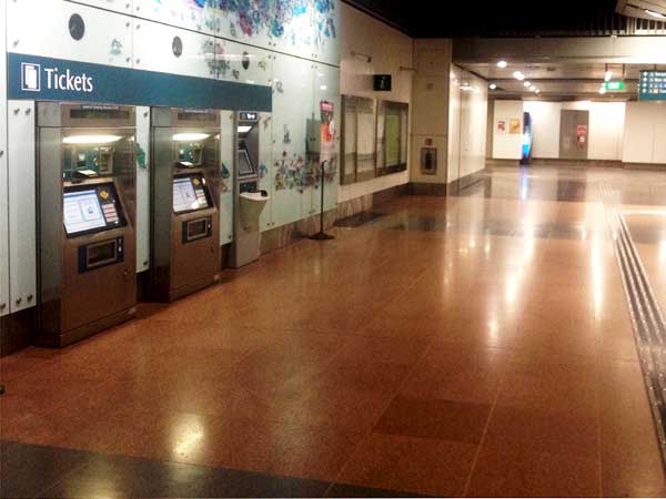 Lorong Chuan ticketing area, lilac pink flooring, polished